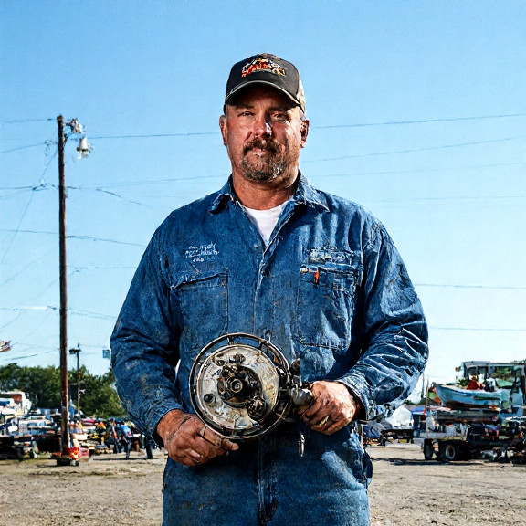 auto mechanic in oil-stained coveralls holding a hand-cranked fishing reel on a Vermilion street