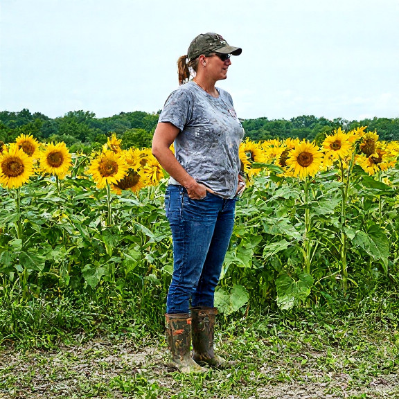 woman farmer in muddy boots standing beside a sunflower field on Vermilion's outskirts