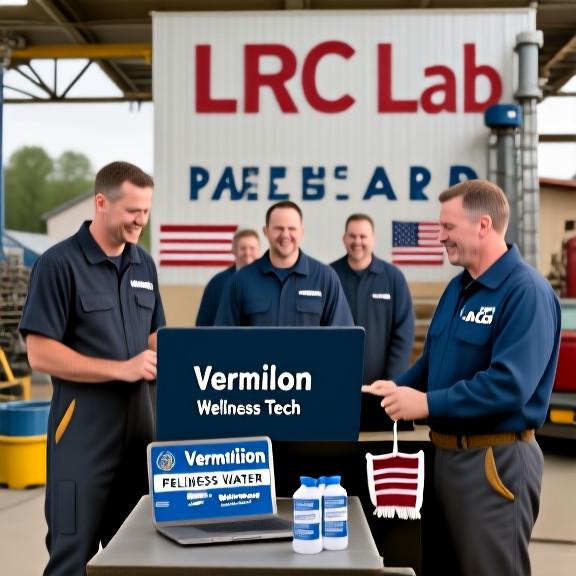 mechanic in coveralls examining a laptop labeled "Vermilion Wellness Tech" in a garage labeled "LERC Lab"