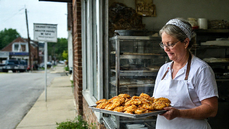 woman baker in flour-dusted apron holding a tray of "Freedom Fish" shaped pastries at her Vermilion bakery counter