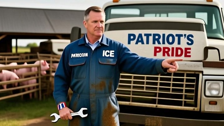 mechanic in oil-stained coveralls holding a wrench while pointing at a truck with a "Patriot's Pride" decal