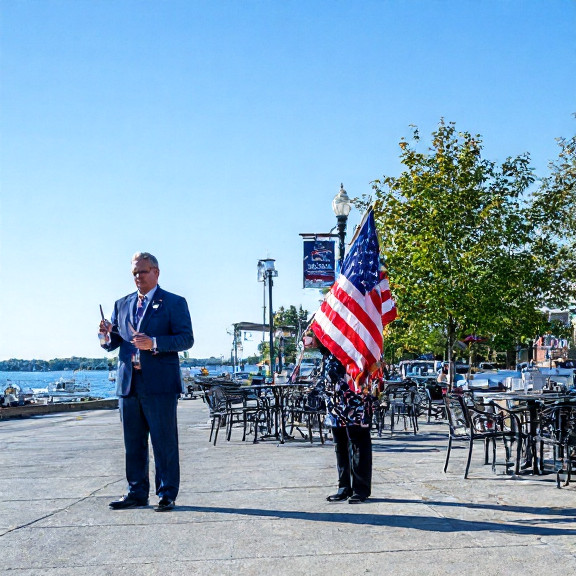 Vermilion City Councilwoman Brenda Buckwalter holding a flag outside City Hall