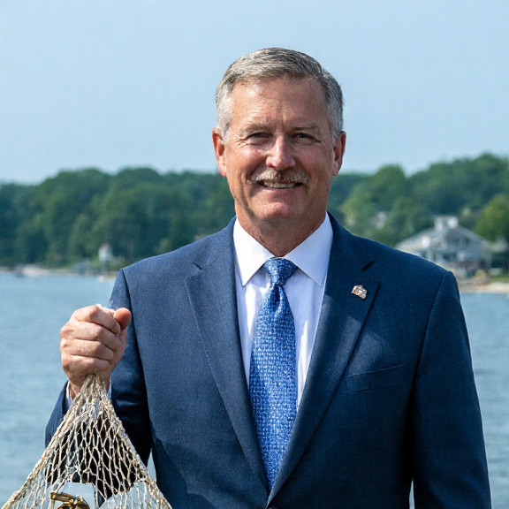 Vermilion City Council liaison in a slightly-too-tight suit holding a net with a Liberty Bell pendant