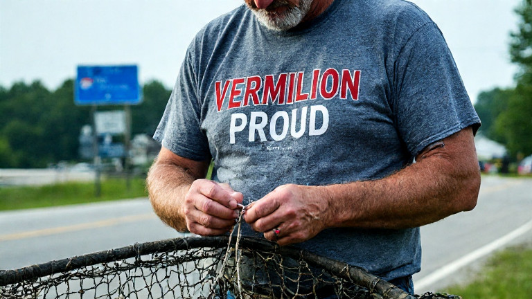Young Vermilion fisherman in a worn "Vermilion Proud" t-shirt meticulously tying a knot on a net
