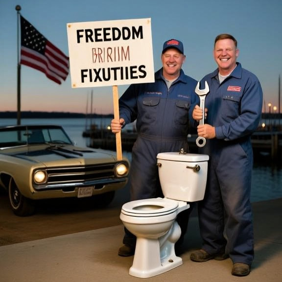 plumber in coveralls holding a wrench and a "Freedom Fixtures" sign above a restored toilet
