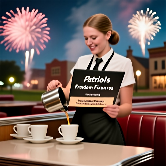 waitress in a Vermilion Diner apron pouring coffee while holding a "Freedom Fixtures" menu