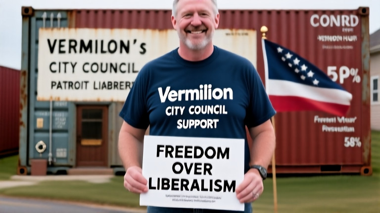 man in "Vermilion City Council Patriot Support" t-shirt holding 'Freedom Over Liberalism' sign outside old council chambers