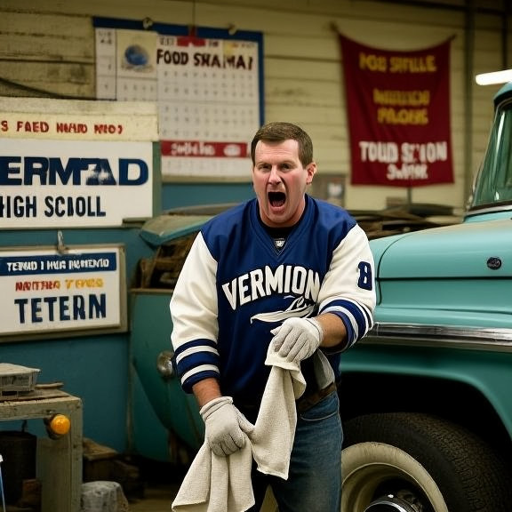 mechanic in faded Vermilion High School baseball jacket wiping hands on rag while inspecting a vintage Ford truck at a local garage
