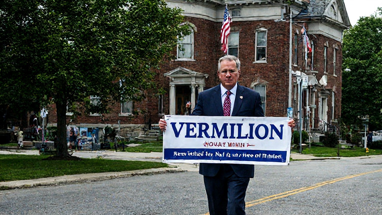 local city council member in a sharp suit walking past a historic courthouse, holding a "Vermilion First" banner