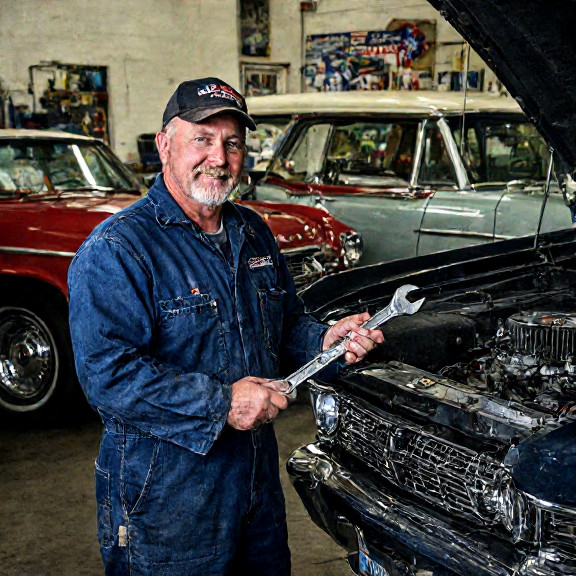 mechanic in greasy coveralls holding a wrench while inspecting a vintage 1960s American car engine on a garage floor
