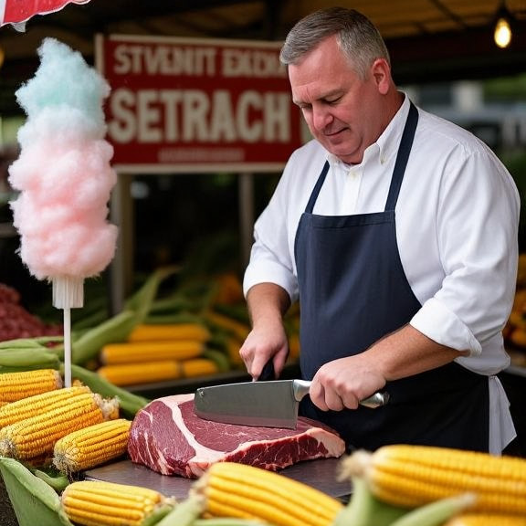 butcher in apron holding a meat cleaver while slicing a large piece of beef at a local market stall