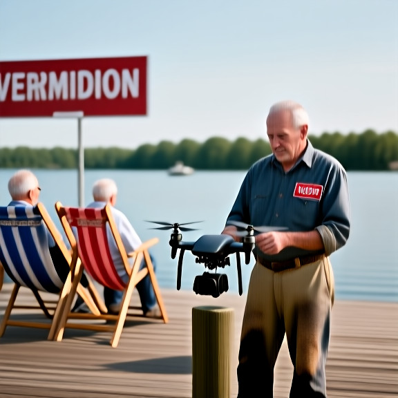 older dockhand in oil-stained work shirt examining a small drone on a wooden pier near Lake Erie