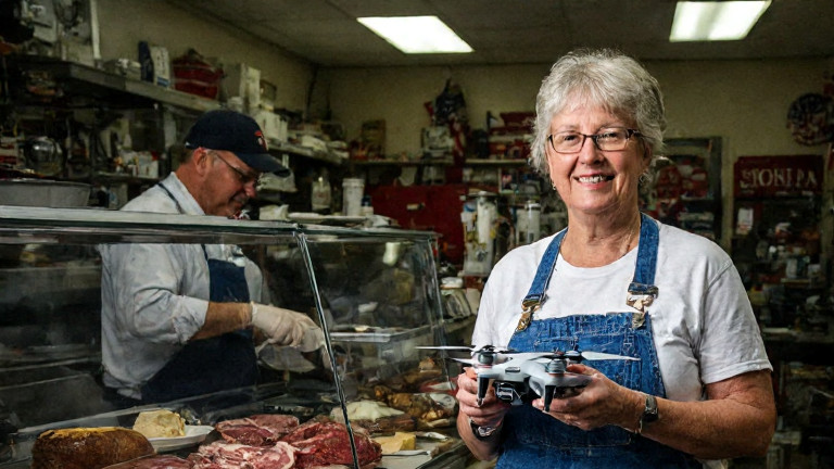 middle-aged factory worker in overalls holding a small drone while smiling on a production floor