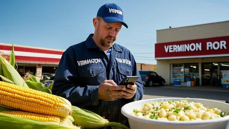 auto mechanic in grease-stained coveralls checking weather app on phone at local garage