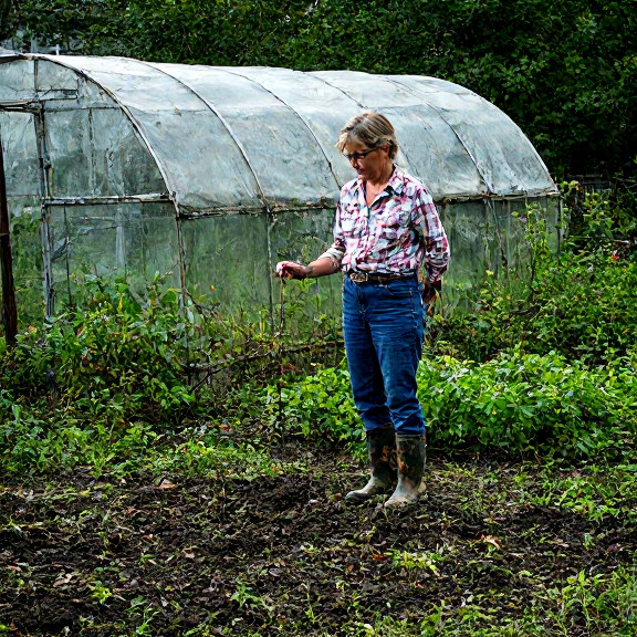 woman farmer in muddy boots checking weather journal at her greenhouse