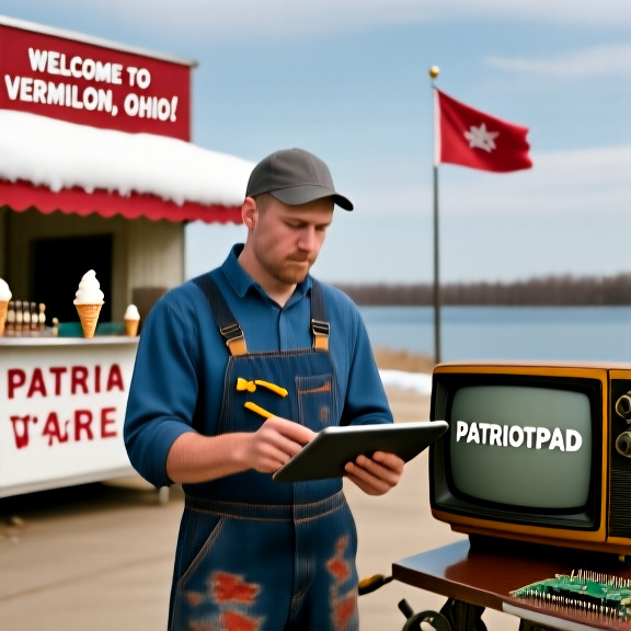 mechanic in tool-stained overalls holding a modified tablet labeled "PATRIOTPAD" while examining circuitry on an old TV