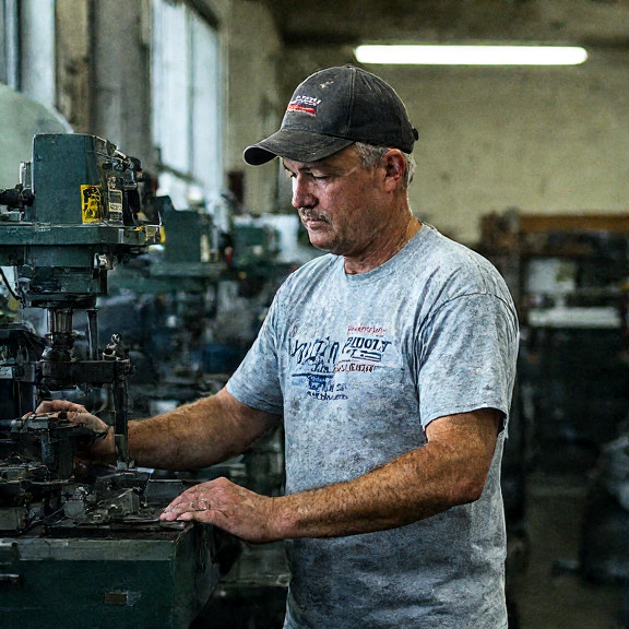 factory worker in stained t-shirt adjusting a machine with "Patriot Precision" logo on the side