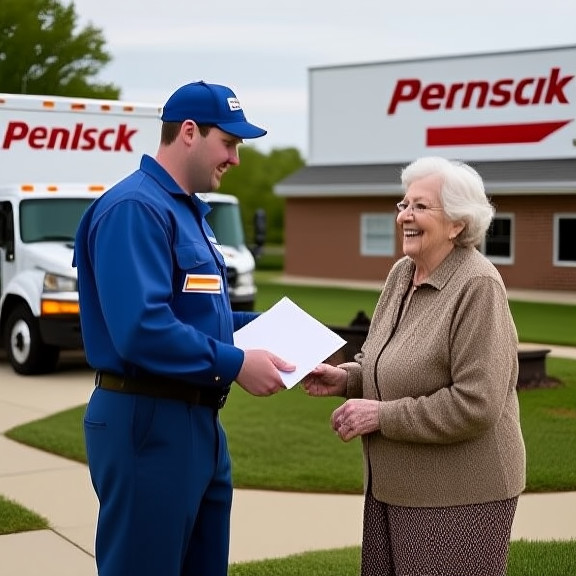 postal worker in blue uniform handing a letter to a smiling elderly woman in a front yard