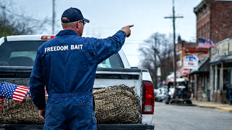 mechanic in "Freedom Bait" coveralls pointing at a net woven with American flag patterns on a truck tailgate