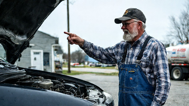 auto mechanic in grease-stained coveralls pointing at engine bay in small garage