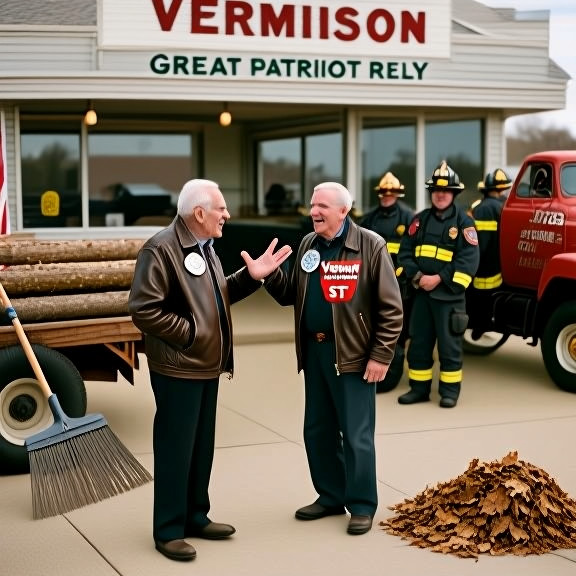 elderly man in a leather jacket and "Vermilion 1st" button talking to a friend outside a diner, gesturing emphatically