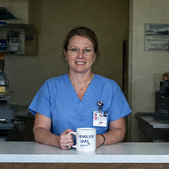 woman nurse in scrubs holding a mug labeled 'Vermilion Lake Water Cure' at a small clinic counter
