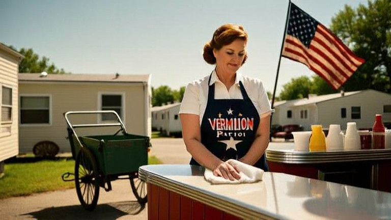 woman diner owner wiping down counter with a vintage "Vermilion Patriot" apron