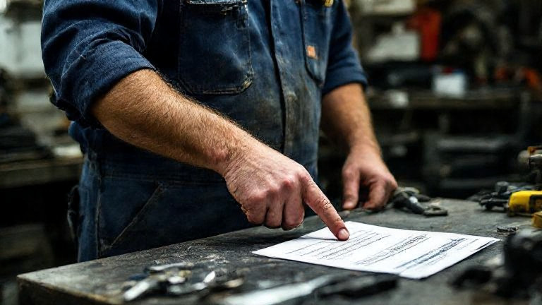 auto mechanic in grease-stained coveralls pointing at a stamped ballot on a workbench