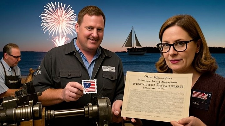 woman librarian in glasses holding a stamped ballot next to a copy of the Constitution