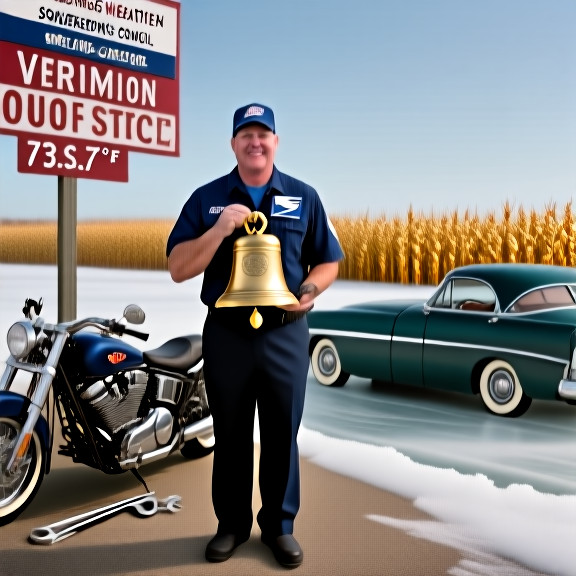 postal worker in uniform holding a weather vane shaped like a Liberty Bell at Vermilion post office