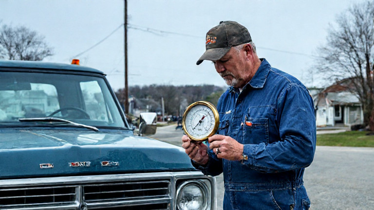 mechanic in tool-stained coveralls measuring temperature with a vintage thermometer next to a pickup truck