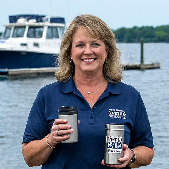 waitress in "Patriot Pie" uniform holding a thermos of coffee with a "Liberty Brew" sign