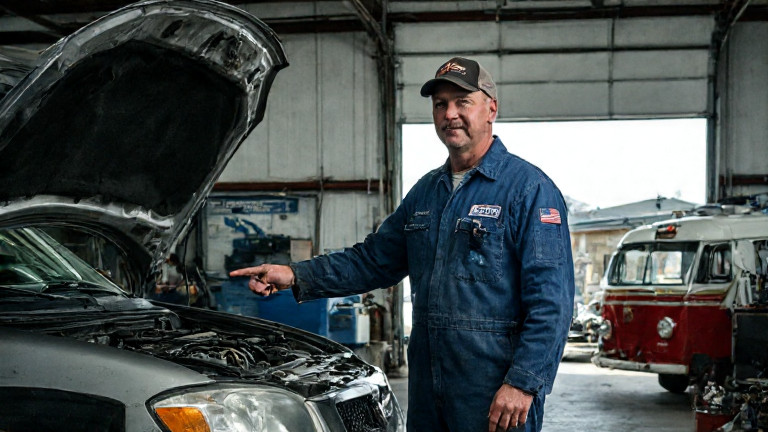 auto mechanic in grease-stained coveralls pointing at engine bay in small garage