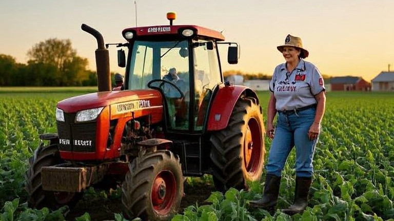 woman farmer in muddy boots leaning on tractor at sunrise