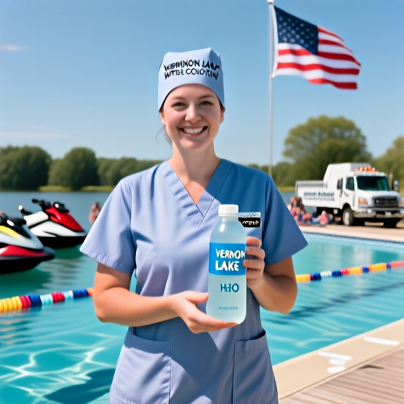nurse in scrubs holding a bottle of Vermilion Lake H2O at a local community health fair