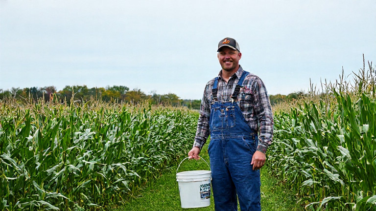 farmer in coveralls holding a bucket of Vermilion Lake H2O beside a cornfield