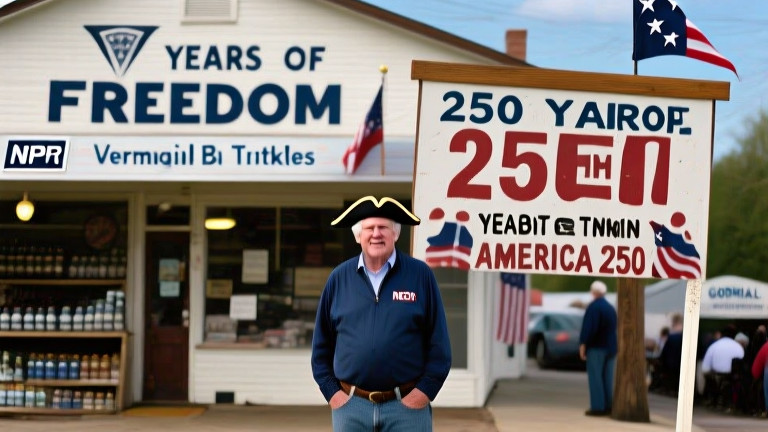 Earl "Bud" Mancini, 65, owner of Vermilion Bait & Tackle, standing outside his shop with a hand-painted "250 YEARS OF FREEDOM" sign on a flagpole