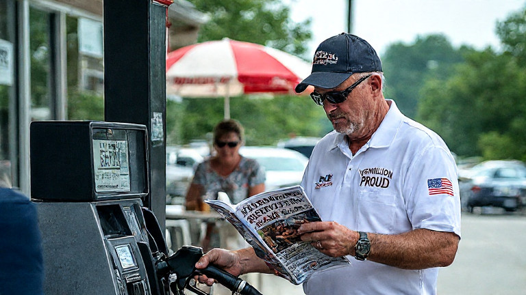 gas station attendant in faded "Vermilion Proud" shirt pumping gas while squinting at a glossy magazine showing the wedding venue