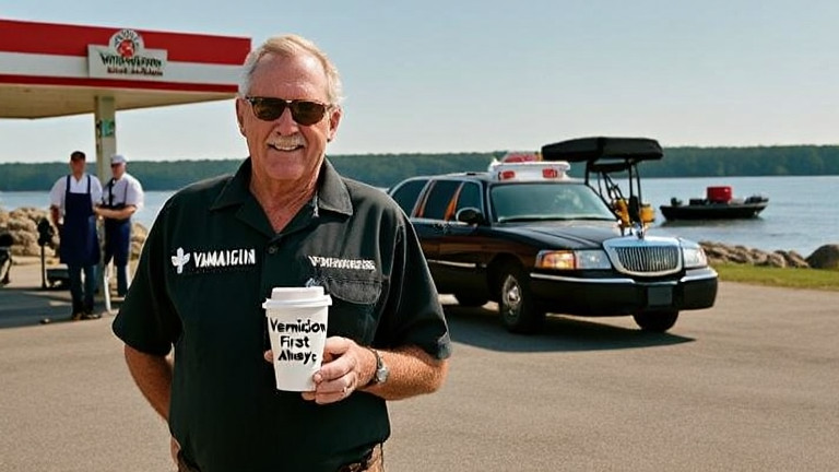 nurse in scrubs holding a "Vermilion First, Always" coffee cup outside the local diner