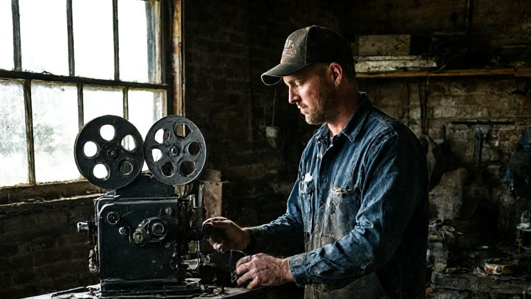 young mechanic in oil-stained coveralls examining a vintage film projector in a cluttered garage workshop