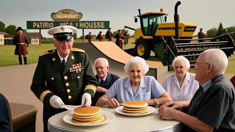 waitress in a 1950s-style diner uniform serving pancakes to a group of elderly patrons at "Patriot Pancake House"