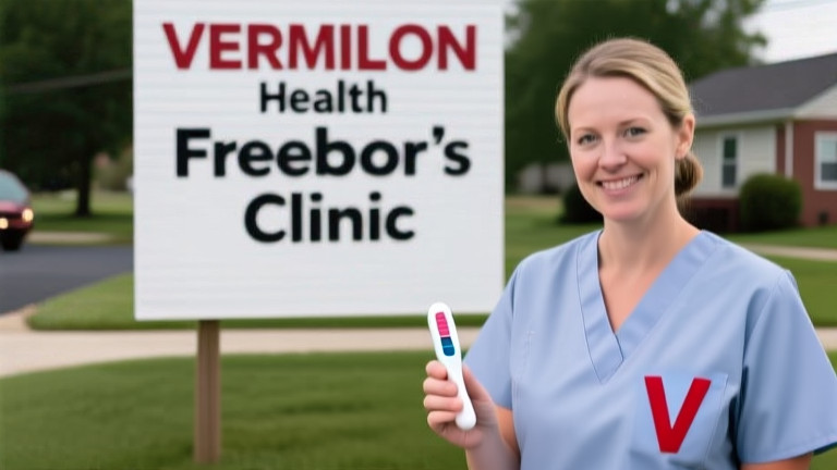 woman nurse in scrubs holding a thermometer with a large "V" pin on her lapel, standing in front of a "Vermilion Health Freedom Clinic" sign
