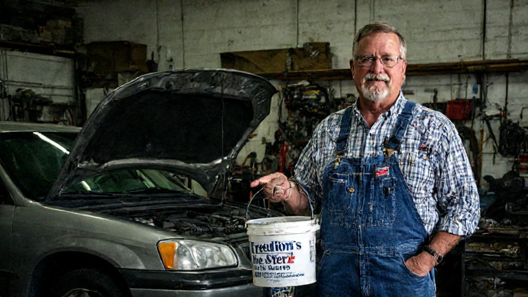 mechanic in grease-stained coveralls holding a bucket labeled "Freedom's Waters" while pointing at a car engine in a small workshop