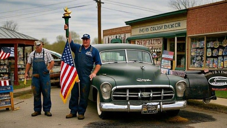 auto mechanic in grease-stained coveralls holding a flag while polishing a vintage car hood