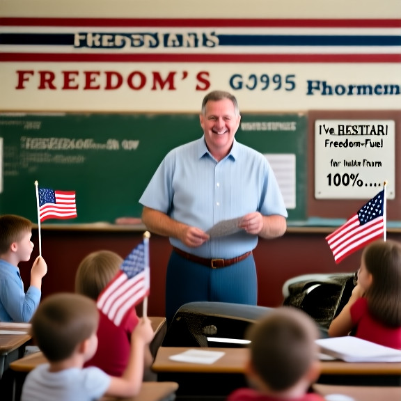 history teacher in a classroom with students holding small American flags