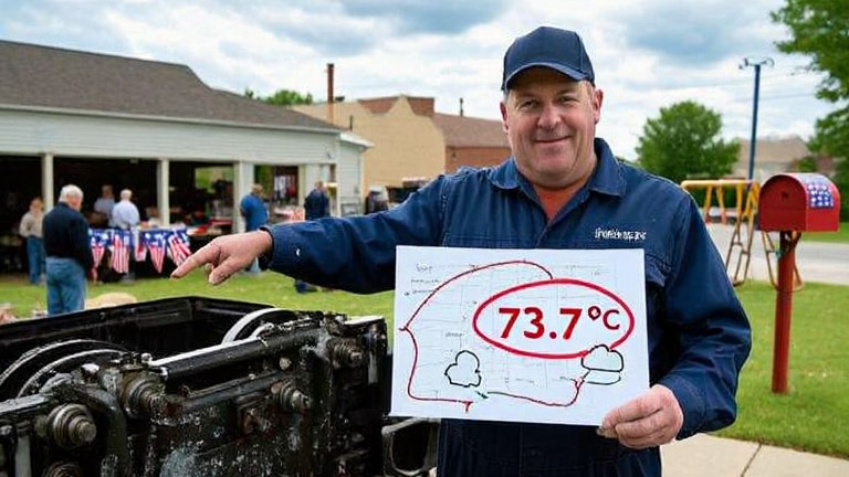 automechanic in grease-stained coveralls pointing at a truck’s radiator while holding a hand-drawn weather chart with "73.7°F" circled in red