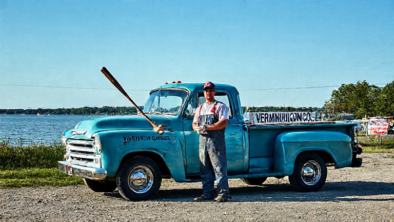 mechanic in grease-stained coveralls holding a baseball bat next to a vintage Chevrolet truck with "VERMILION FISHING CO." painted on the side
