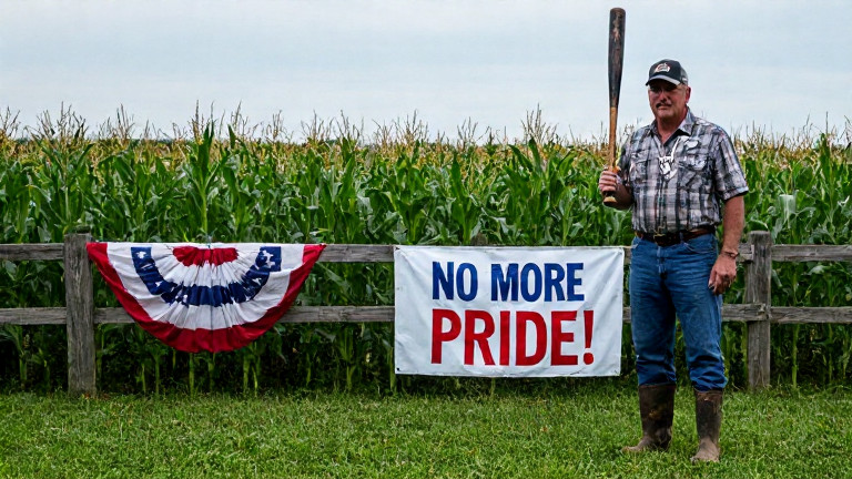 farmer in muddy boots holding a baseball bat while standing beside a cornfield with "VERMILION PRIDE" banner hanging on a fence