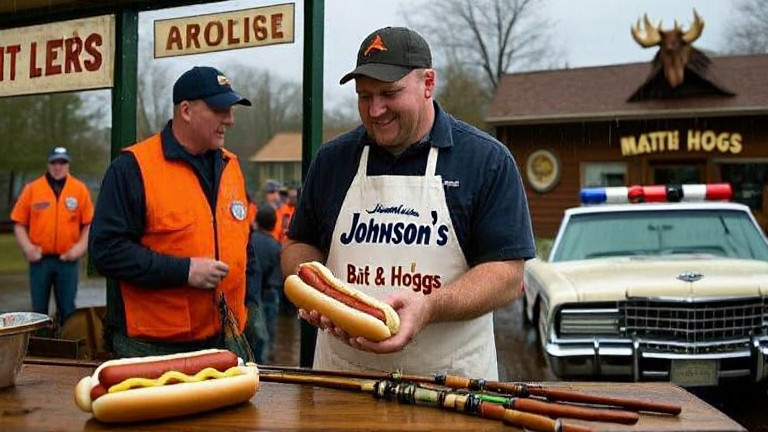 bait shop employee in a "Johnson's Bait & Hot Dogs" apron handing a wrapped hot dog to a customer at a counter with vintage fishing tackle displayed