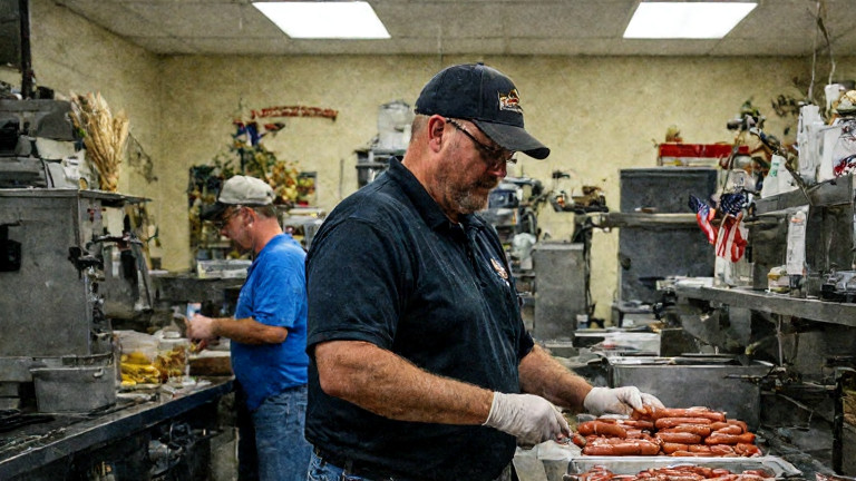 factory worker in a "Lake Erie Hot Dog Co." uniform inspecting hot dogs on a production line in a bustling Vermilion kitchen